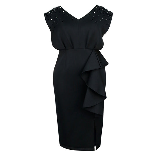 Damen elegantes Wickelkleid mit schimmernden Perlen und asymmetrischem Rüschensaum EB