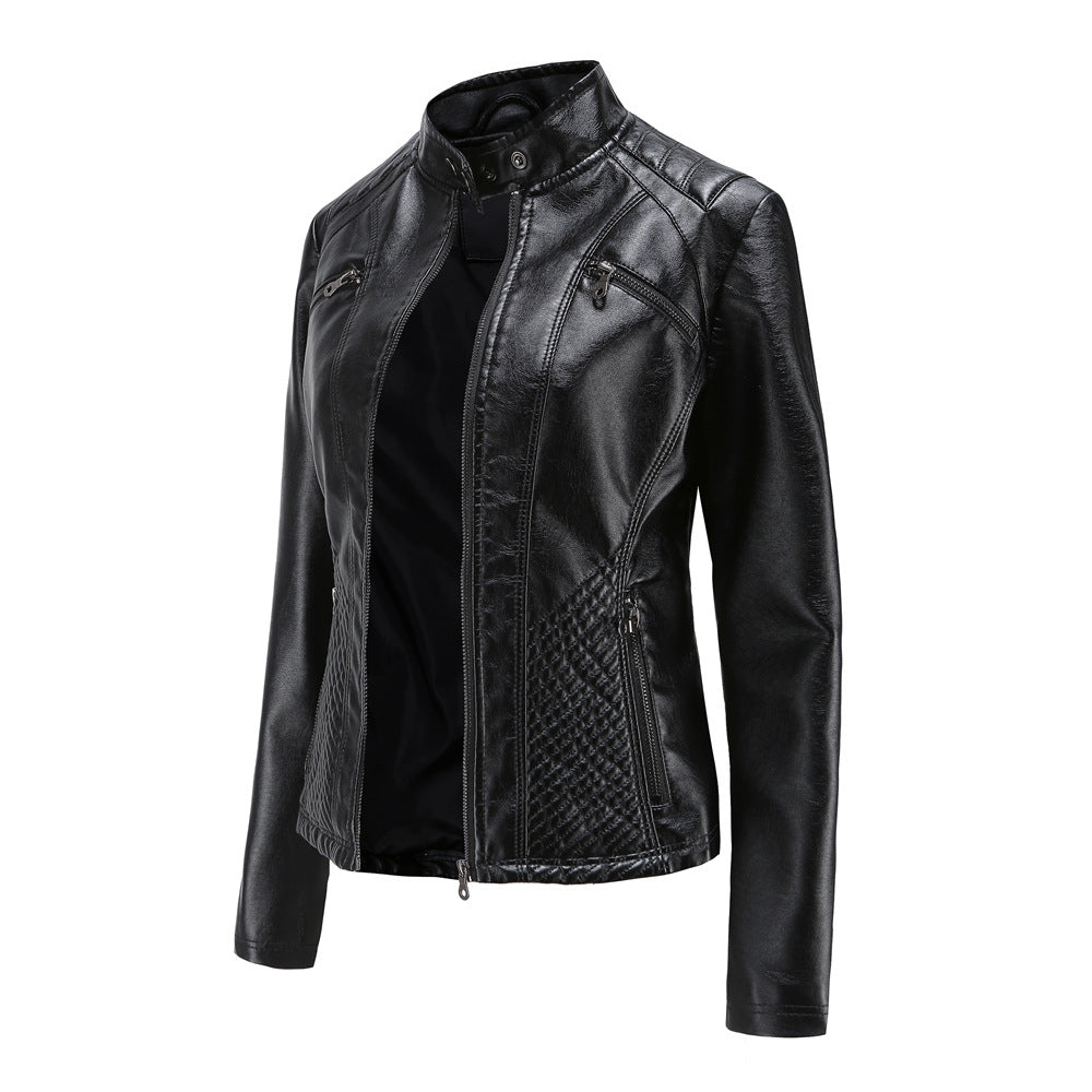Damen nan taillierte Bikerjacke aus Kunstleder mit Stepppaneelen und Stehkragen EB