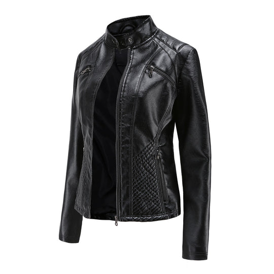 Damen nan taillierte Bikerjacke aus Kunstleder mit Stepppaneelen und Stehkragen EB