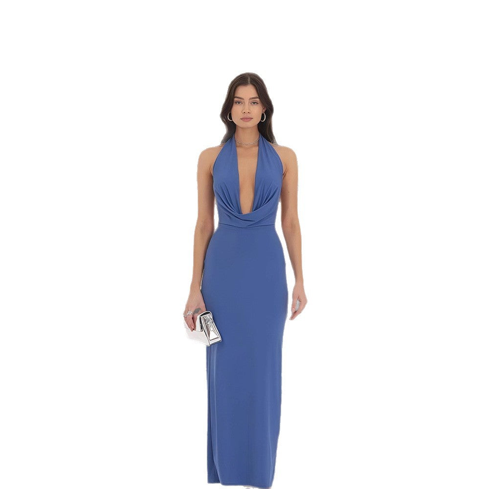 Damen Langarm-Elegant Kleid mit tiefem V-Ausschnitt und fließendem Saum EB