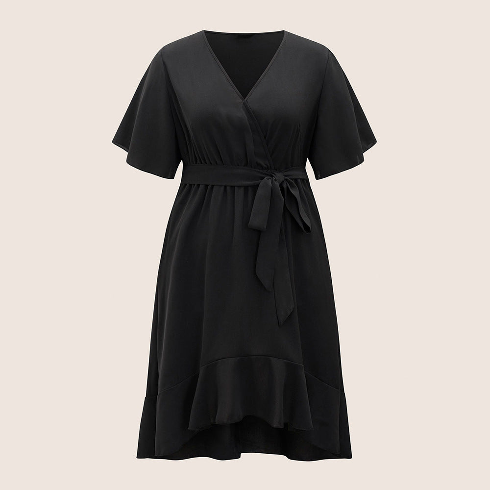 Damen Elegantes Wickelkleid mit asymmetrischem Saum und taillierendem Gürtel EB