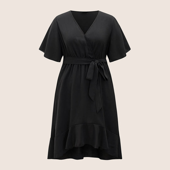Damen Elegantes Wickelkleid mit asymmetrischem Saum und taillierendem Gürtel EB