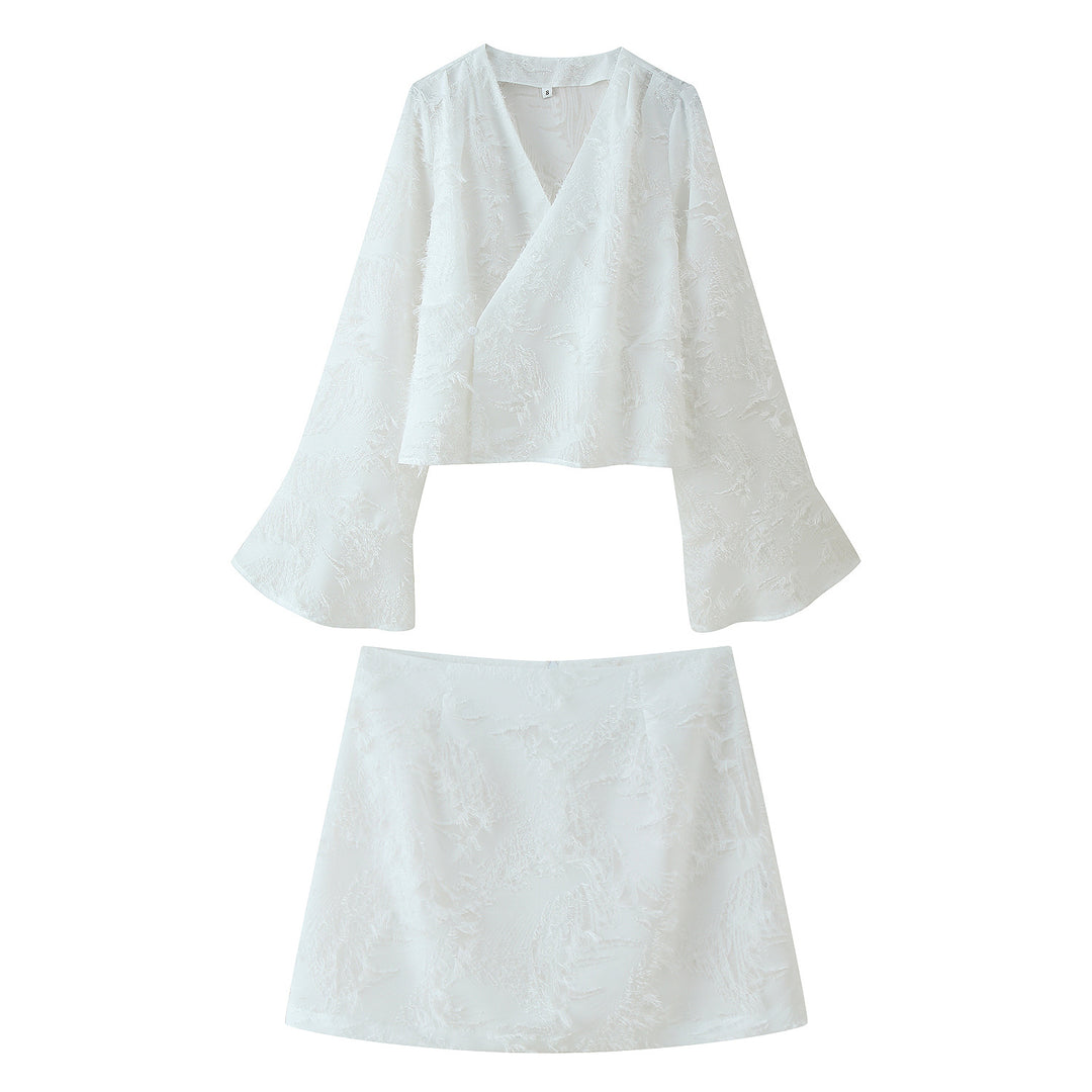 Damen Set aus eleganter Bluse mit weitem Ärmel und modischem Minirock EB