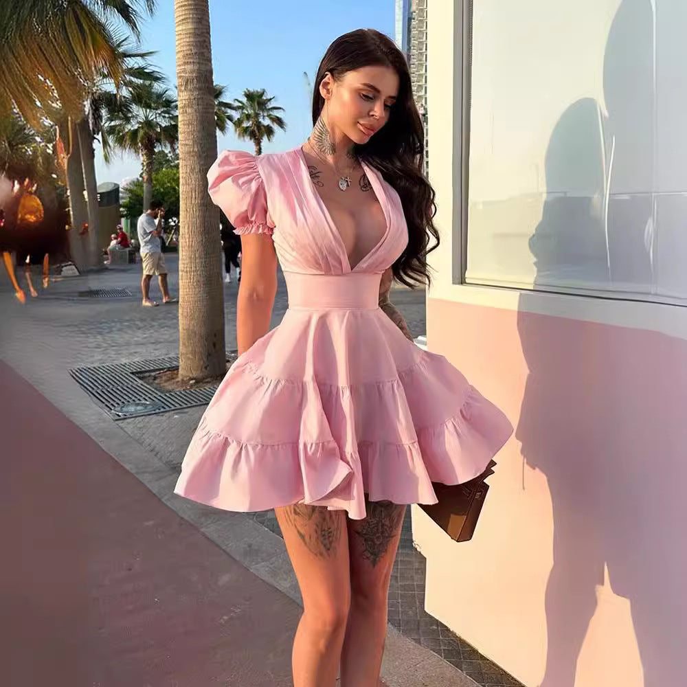Damen verspieltes Sommerkleid mit Puffärmeln und Rüschen EB