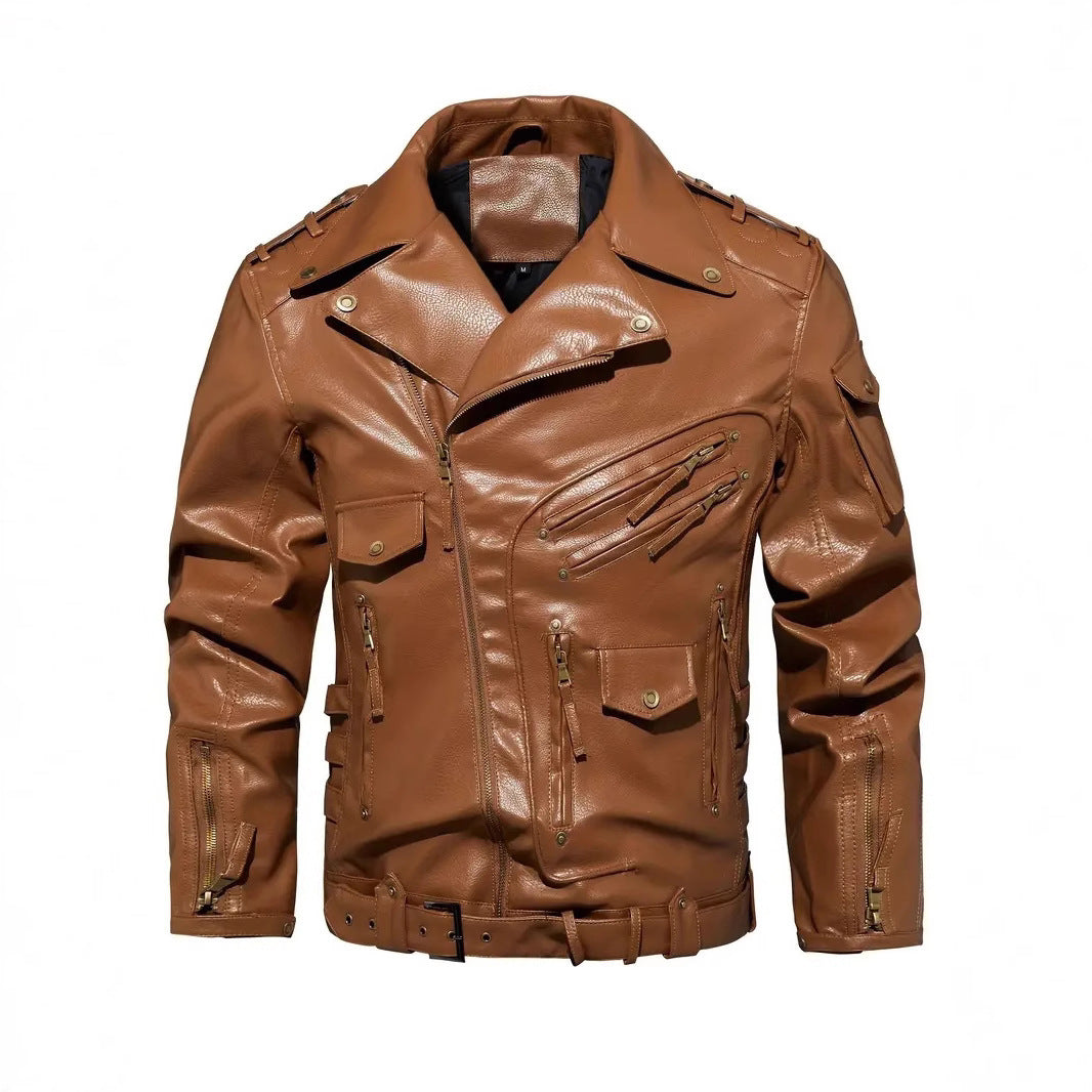Herren Stylische Bikerjacke mit Mehreren Reißverschlusstaschen und Gürteldetail EB
