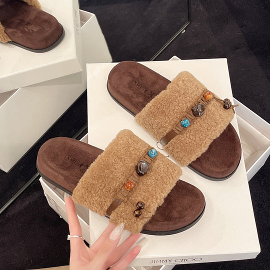 Damen Slipper mit kuscheligem Futter und dekorativer Perlenapplikation EB