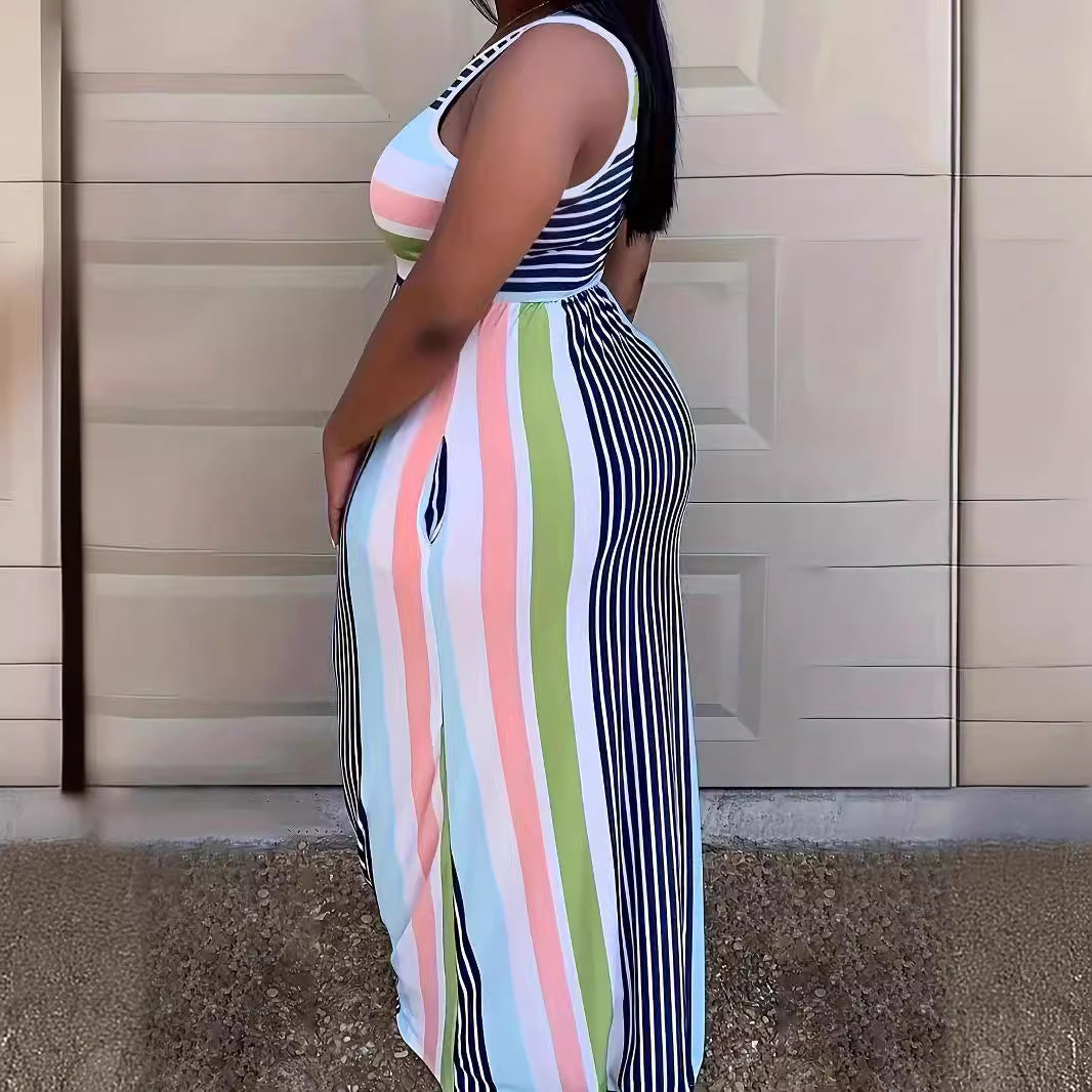 Damen Maxikleid im modernen Streifenlook mit tiefem Rundhalsausschnitt und slim fit Schnitt EB