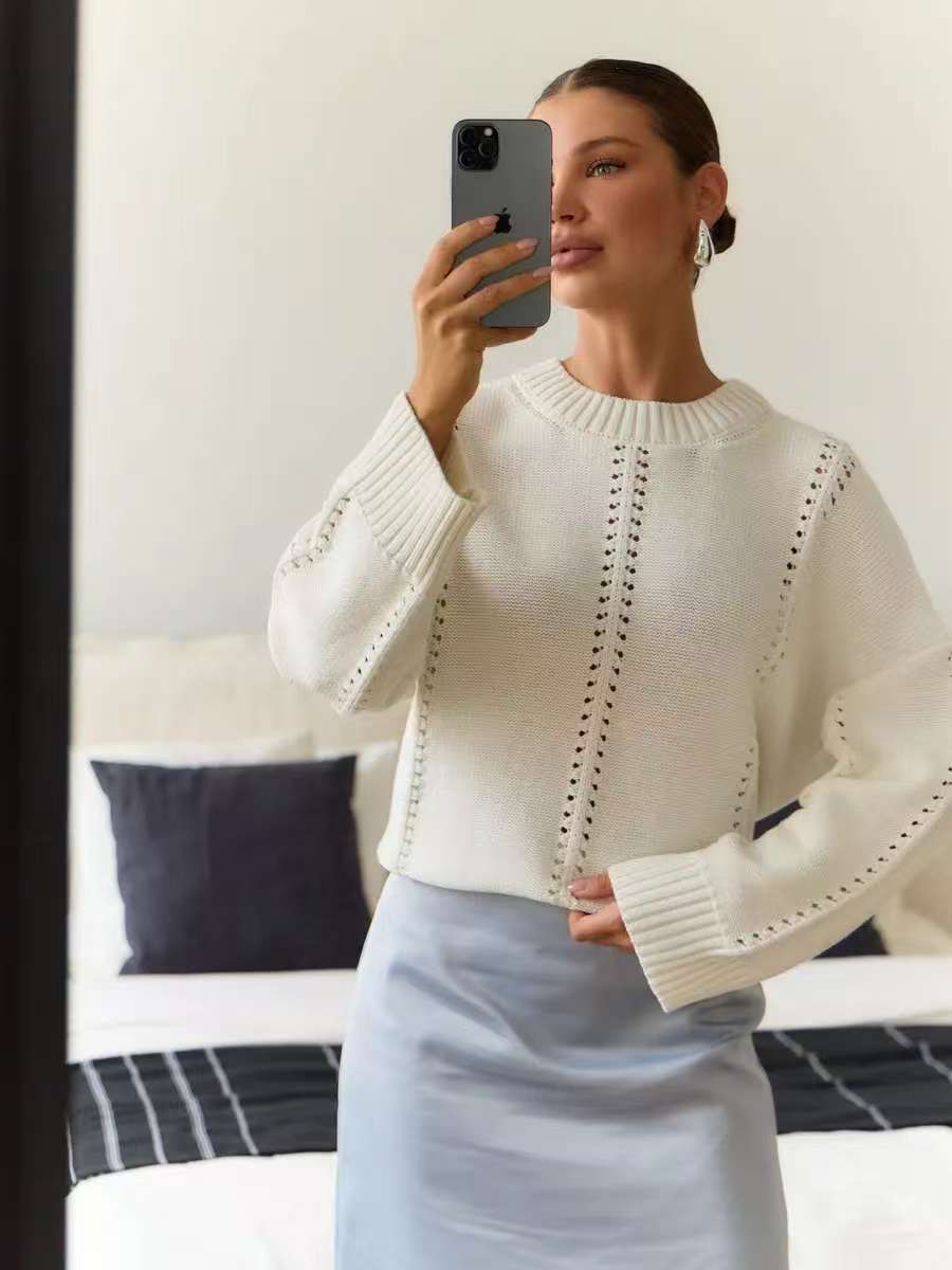 Damen Modischer Strickpullover mit Lochmuster EB