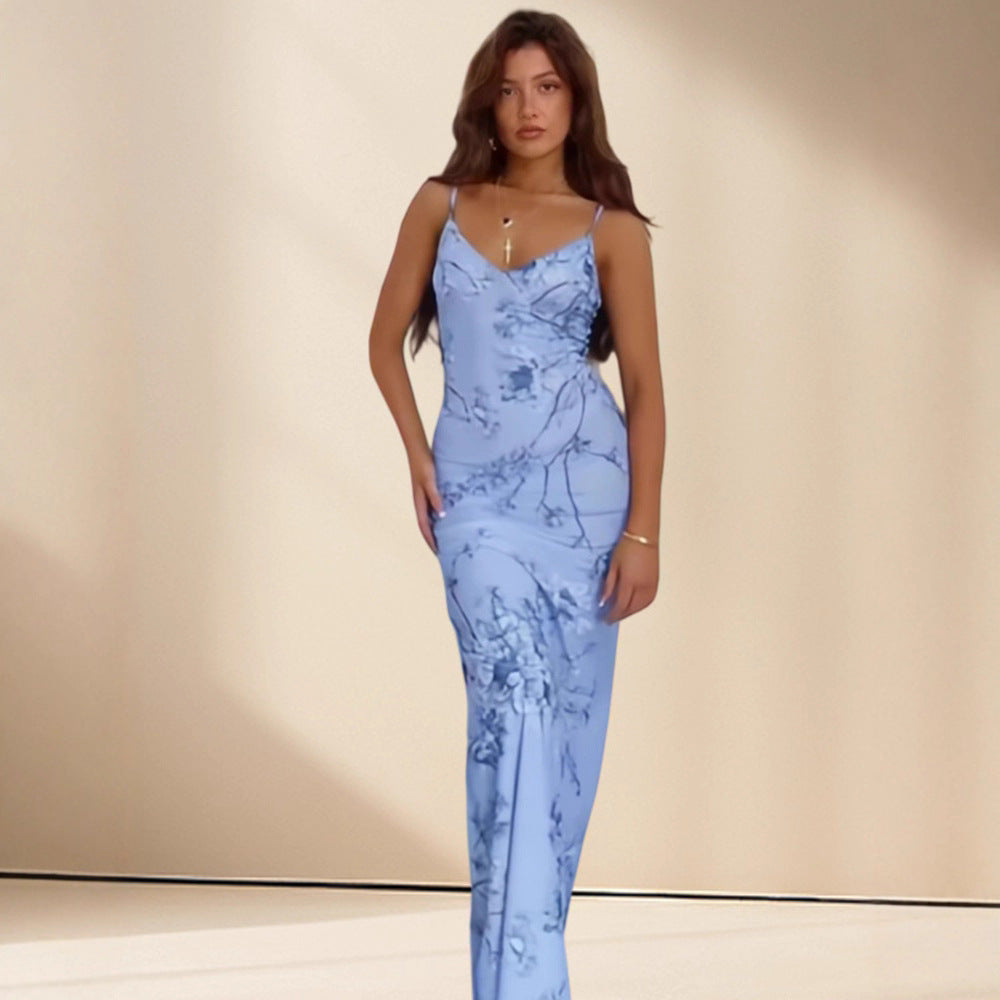 Damen Elegantes Maxikleid mit feinem floralem Design und Spaghettiträgern EB