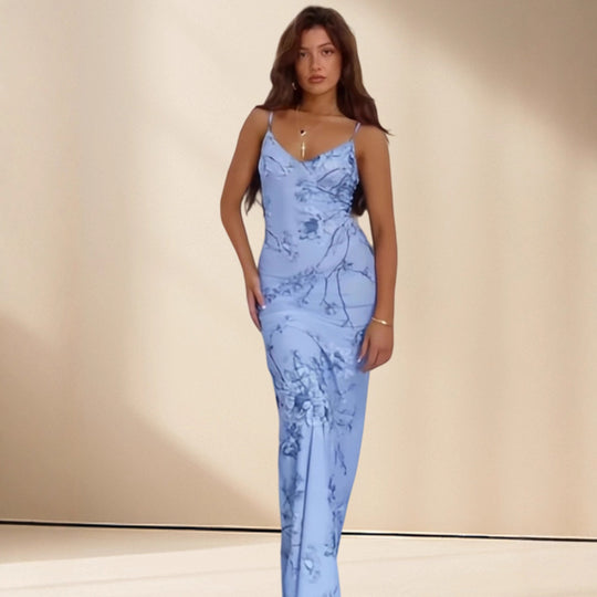 Damen Elegantes Maxikleid mit feinem floralem Design und Spaghettiträgern EB