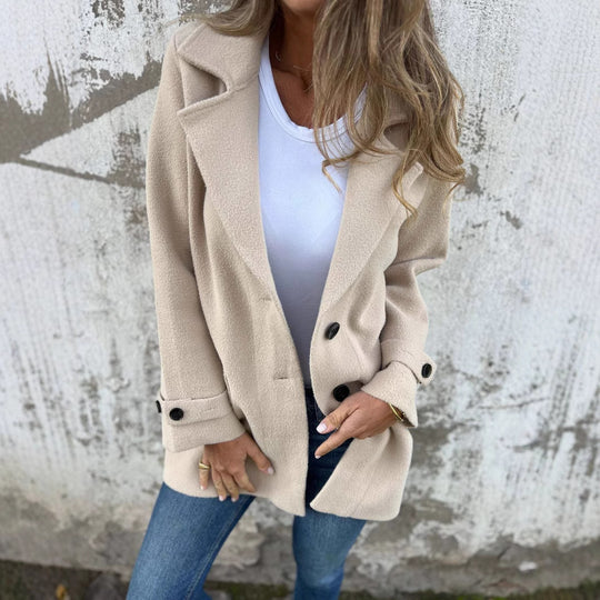 Damen Fleece-Mantel mit doppelter Knopfleiste und großem Revers EB