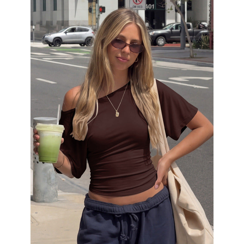 Damen asymmetrisches Crop-Top mit weitem Schnitt und fließenden Ärmeln EB