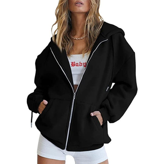 Damen nan oversized Kapuzenjacke mit durchgehendem Reißverschluss Kängurutaschen und weichem Sweatmaterial EB