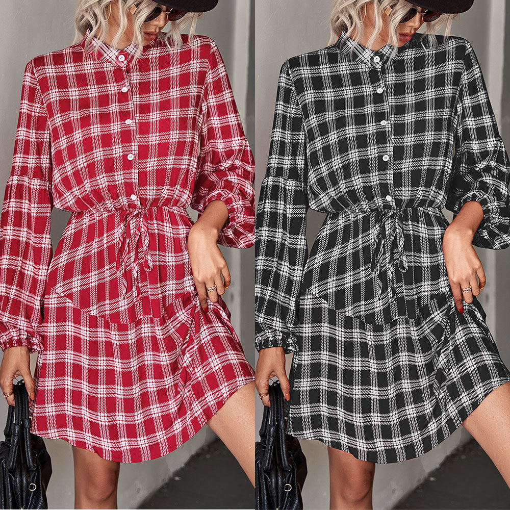 Damen Hemdblusenkleid mit verstellbarem Taillengürtel und kariertem Design EB