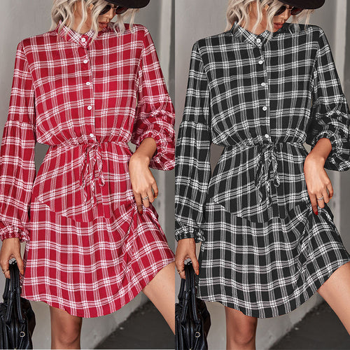 Damen Hemdblusenkleid mit verstellbarem Taillengürtel und kariertem Design EB