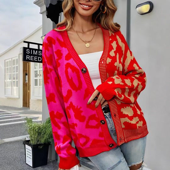 Damen Leichte Strickjacke mit farbenfrohem Leopardenmuster EB