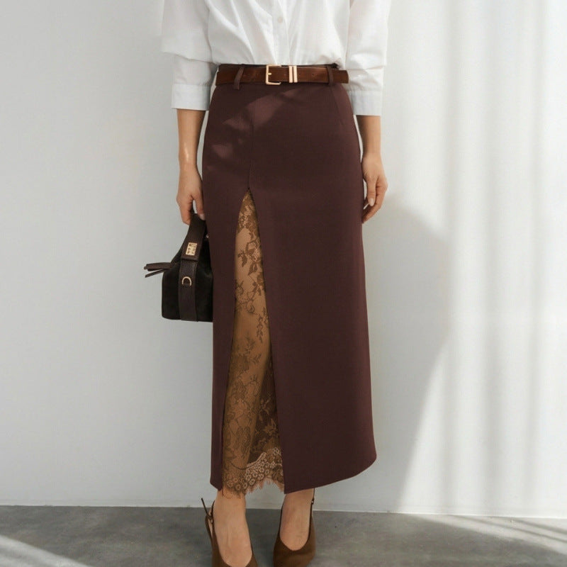 Damen Eleganter Maxirock mit transparentem Spitzeneinsatz und seitlichem Schlitz EB