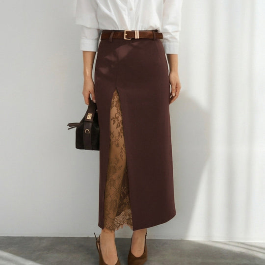 Damen Eleganter Maxirock mit transparentem Spitzeneinsatz und seitlichem Schlitz EB