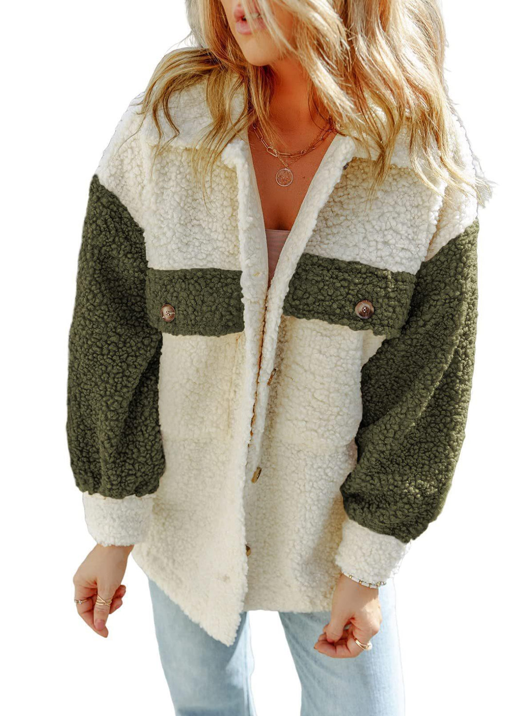 Damen nan oversized Teddy-Hemdjacke mit Kontraststreifen, aufgesetzten Brusttaschen und sichtbarer Knopfleiste EB