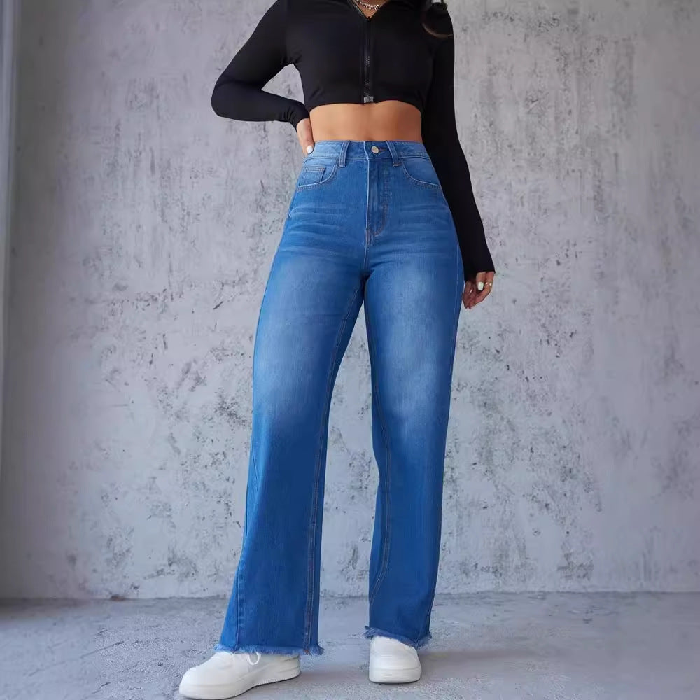 Damen Hochtaillierte Mom-Jeans mit lässigem Schnitt und fransigem Saum EB