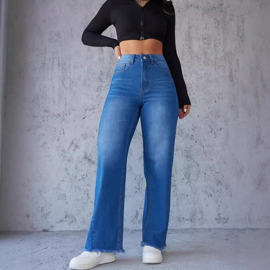 Damen Hochtaillierte Mom-Jeans mit lässigem Schnitt und fransigem Saum EB