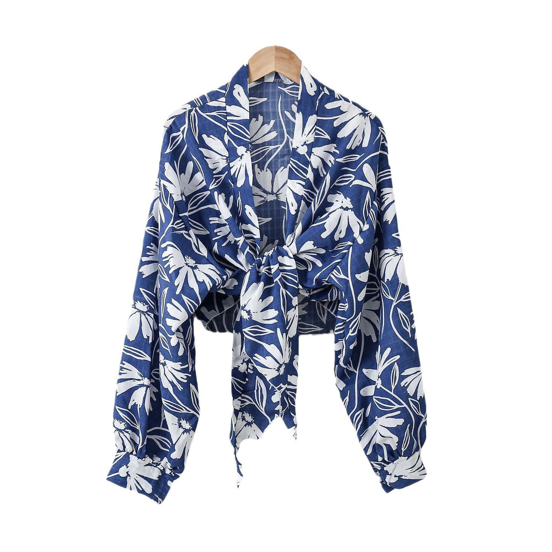 Damen nan florale Knoten-Bluse im Wickelstil mit Ballonärmeln und leichter Leinenoptik EB