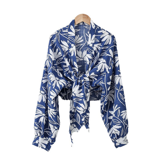 Damen nan florale Knoten-Bluse im Wickelstil mit Ballonärmeln und leichter Leinenoptik EB