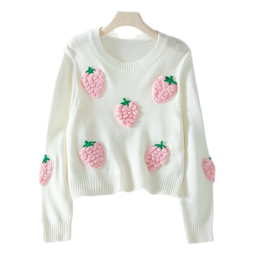 Damen Strickpullover mit Erdbeer-Applikationen und lässigem Schnitt EB