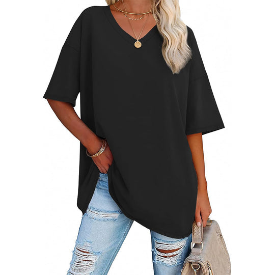 Damen Oversized T-Shirt mit V-Ausschnitt und seitlichen Schlitzen EB
