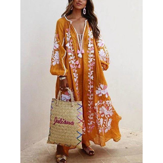 Damen Besticktes Boho-Maxikleid mit Ballonärmeln und Quastenverschluss EB