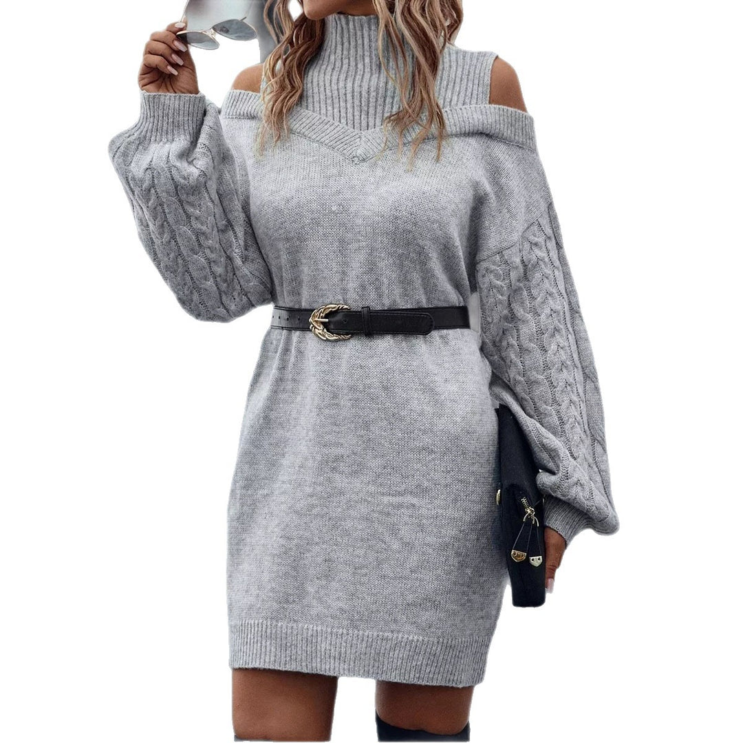 Damen Strickkleid mit kaltem Schulterdesign und Zopfmuster EB