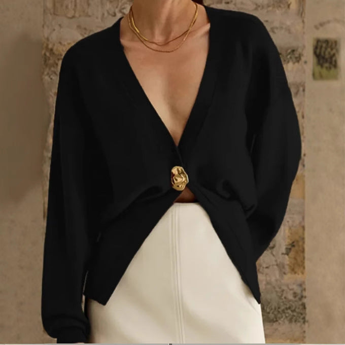 Damen Eleganter und lässiger Cardigan mit tiefem Ausschnitt und Schmuckknopf EB