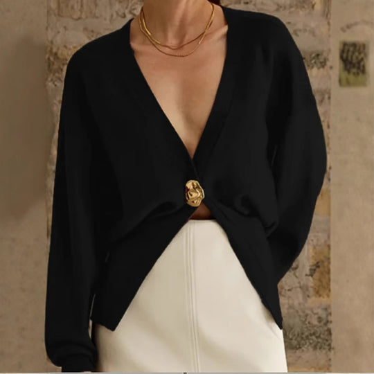 Damen Eleganter und lässiger Cardigan mit tiefem Ausschnitt und Schmuckknopf EB