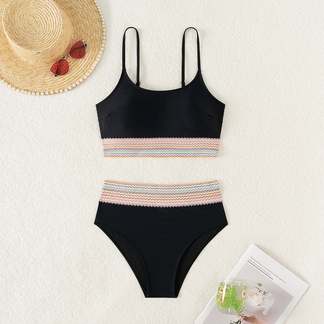 Damen Sportliches Bikini-Set mit hohem Bund und buntem Wellenmuster EB