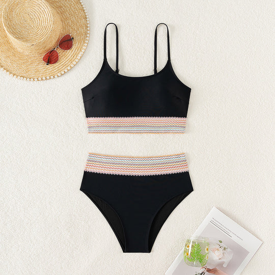 Damen Sportliches Bikini-Set mit hohem Bund und buntem Wellenmuster EB