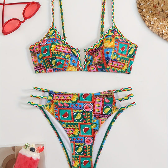 Damen Bikini-Set mit buntem Fruchtmuster und raffinierten Trägerdetails EB