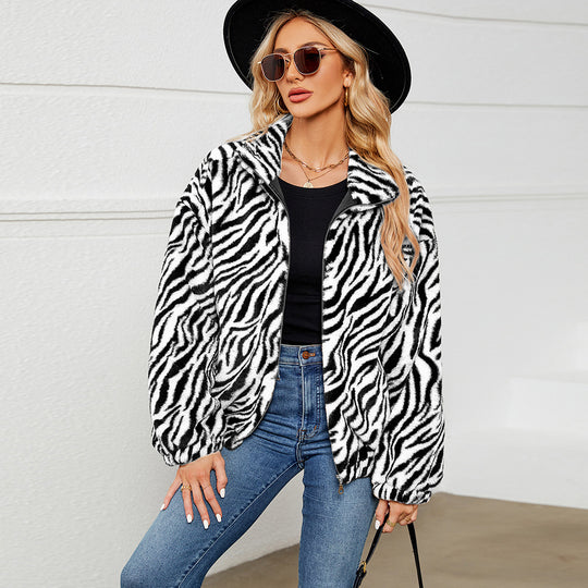 Damen Kuschelige Fleecejacke im Zebradesign EB