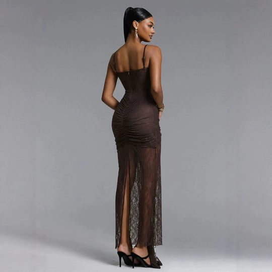 Damen Elegantes Spitzenmaxikleid mit raffinierter Drapierung EB