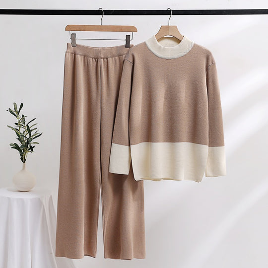 Damen elegantes Strick-Loungewear-Set mit weitem Bund und dekorativem Kragen EB
