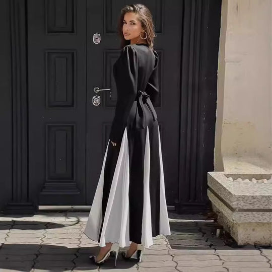 Damen Elegantes Langarmkleid mit Puffärmeln und Fließendem Saum EB