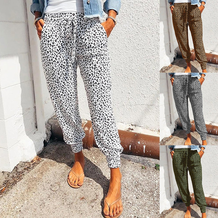 Damen nan lässige Leoparden-Print Jogginghose mit Tunnelzug, Eingrifftaschen und elastischen Bündchen EB