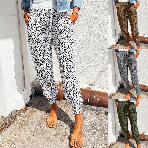 Damen nan lässige Leoparden-Print Jogginghose mit Tunnelzug, Eingrifftaschen und elastischen Bündchen EB