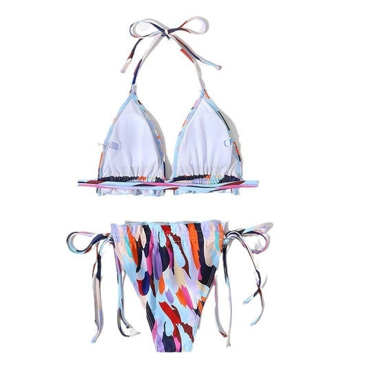 Damen Triangel-Bikini mit doppeltem Rüschendesign und verstellbarem Bindeband EB