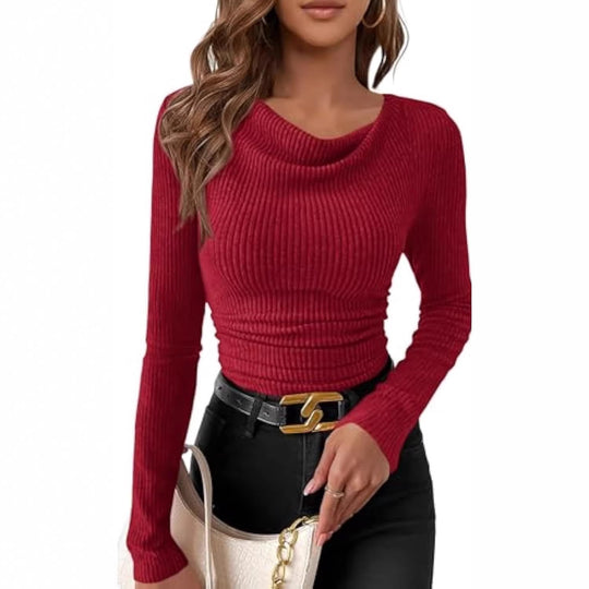Damen Figurbetontes Feinripp-Longsleeve mit asymmetrischem Wasserfallkragen EB