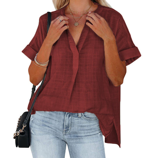 Damen lässige Bluse mit eleganter Vorderansicht und umgeschlagenen Ärmeln EB