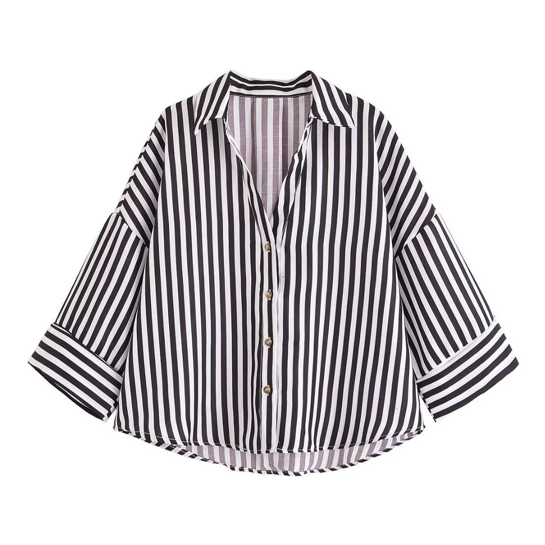 Damen nan lockere oversized Hemdbluse mit weitem Kragen und Dreiviertelärmeln EB