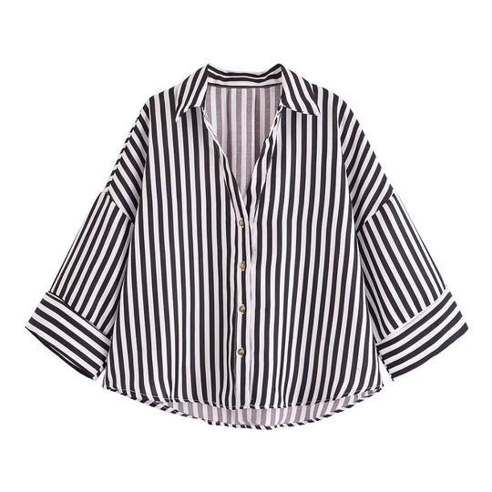 Damen nan lockere oversized Hemdbluse mit weitem Kragen und Dreiviertelärmeln EB