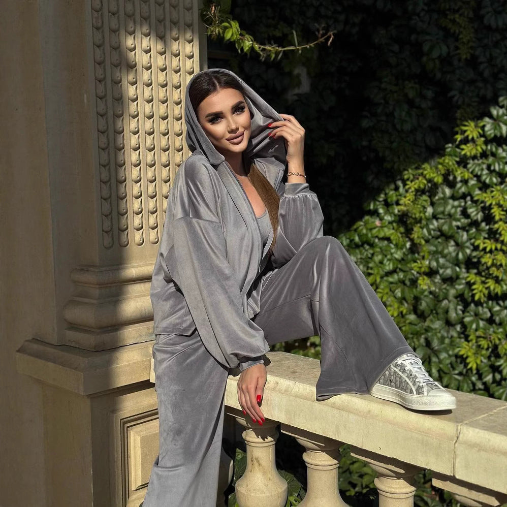Damen Cropped Samt-Hoodie mit weitem Arm und High-Waist Jogginghose im Lounge-Set EB