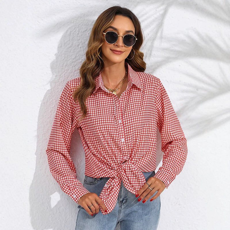 Damen nan geknotete Hahnentritt-Bluse mit Hemdkragen und durchgehender Knopfleiste EB