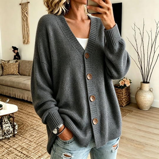 Damen Lockerer Longline-Cardigan mit tiefem V-Ausschnitt und Holzknöpfen EB